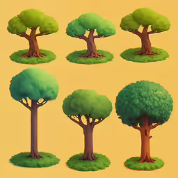 several different trees of various shapes and sizes,an animated tree set on a bright yellow background
