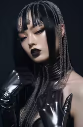 a female mannequin with black and silver manicures,a mannequin with a black and white wig wearing long chains