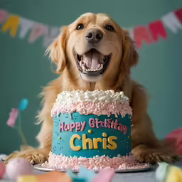 dog posing behind a large birthday cake with pink frosting