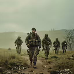 a group of military men are walking down the road
