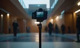 a video camera on top of a tripod near people