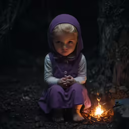 little girl in a purple outfit sitting near a burning fire