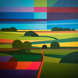 a painting of colorful colors, trees and a hill