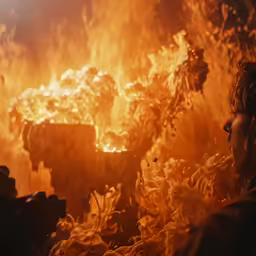 a person looking at flames in the dark