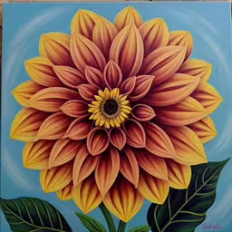 a yellow and brown flower is on a blue wall,a painting of a yellow flower on blue background,the sunflower painted on a canvas on a wood surface,a painting of a large sunflower sitting on top of a wooden table,a painting of a bright sunflower with blue sky in the background