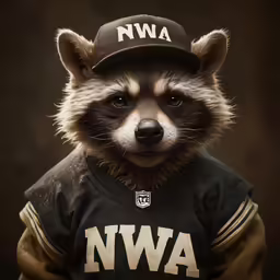 a raccoon dressed in a baseball uniform looks to the side