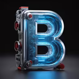 a light - up letters b with a red wheels sits in front of a black background