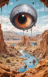 an eyeball hanging off of a mountain next to a river