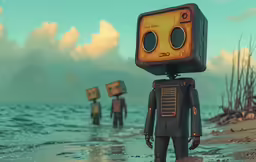 there are four people standing on the beach