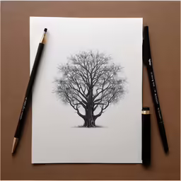 an image of an inking of a tree with two pens