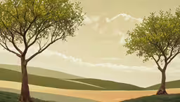 three trees with green leaves line the hill top,two trees stand at the edge of a body of water