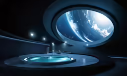 the inside of a circular room that looks like a star field