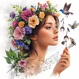 a beautiful young lady wearing flowers over her head