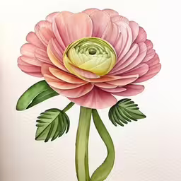 a drawing of a large pink flower with a leaf,a painting of a pink flower with green leaves