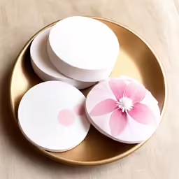 a plate with pink flowers and two white discs
