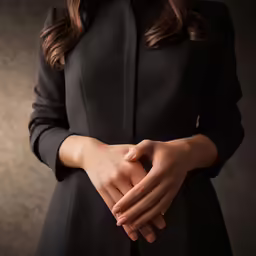 a woman in a black dress is holding her hands together