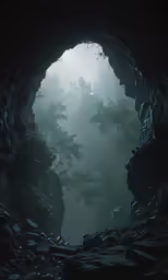a dark cave entrance with the sunlight shining into a jungle