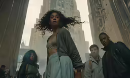 some people are standing around a city in the rain