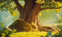 the sun shines brightly as it peeks through a large tree