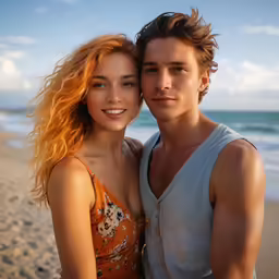 a beautiful young blonde haired woman embracing a man in front of the ocean