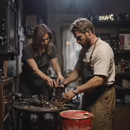 two people in an industrial kitchen working on something