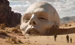 a fake white mask sits on a barren desert landscape