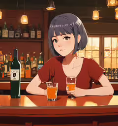 there is a woman at a bar with drinks,the girl sitting at a bar is looking at a bottle