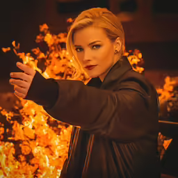 the woman is pointing her finger in the air