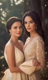 two women wearing dresses are standing next to each other