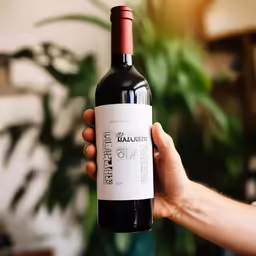 person holding up a wine bottle and a green plant