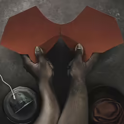 a person holding a red piece of leather over their feet