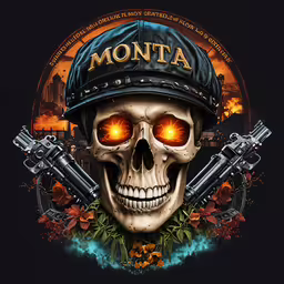 a skull with two guns in his hand and fire coming from it,a skull in a helmet and some guns