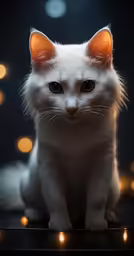 a white cat is sitting near a black background