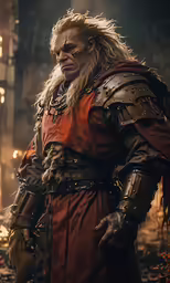 the character is in armor and there are many lights behind him