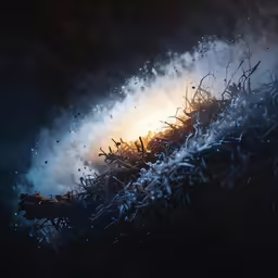 the sun shining through fog on a piece of wood