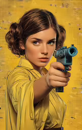 a woman holding a gun while wearing a yellow shirt