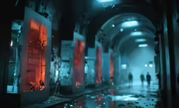 a creepy scene with people walking in the hallway