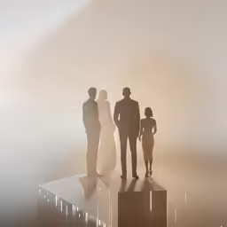silhouettes of people on platform in fog