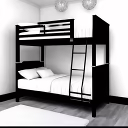 a black bunk bed with a white cover on top of it