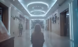 the women are walking down the long hallway