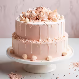 pink cake with icing, roses and nuts on top