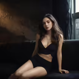 a sexy young woman is posing in a black outfit