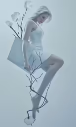 a girl with white clothes holding shopping bags standing up