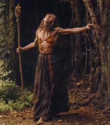a man with long hair holding a stick in a forest