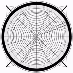 an old, circle, black and white photo,an artistic view from the center, a circular pattern,a circular diagram with two wires that have been drawn,a drawing of a large round,the diagram for a circular structure is shown in black and white