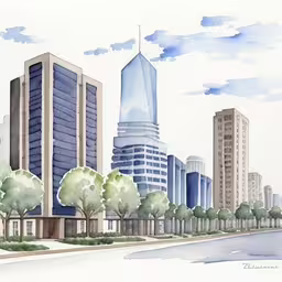 an image of buildings in a city with trees,a painting of buildings along a street with trees and a street sign,a painting of a city with tall buildings,a watercolor painting of some buildings and trees,a watercolor sketch shows a cityscape with tall buildings