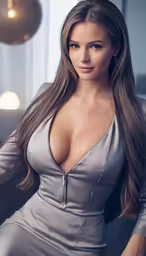 a woman in a grey dress posing for the camera