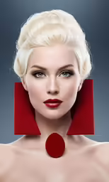 the woman has a red statement necklace, and her hair is braided in a low bun with side bangs