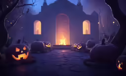 a group of pumpkins on a stone patio, with a lit fireplace in the background