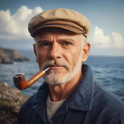 a man is wearing a hat and holding a pipe
